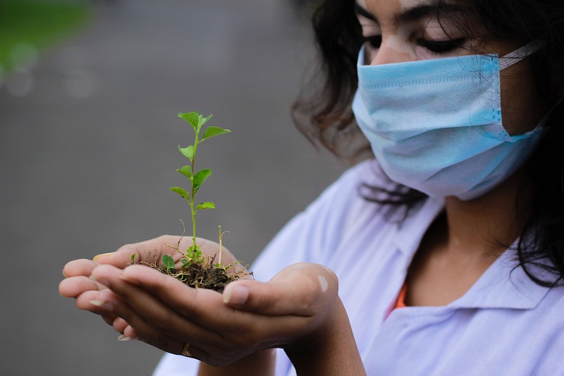 CBD has Potential to Help Prevent COVID-19 Infection Woman Holding a Sprouting Plant and Dirt While Wearing a Face Mask