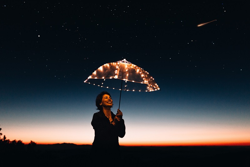 How to Use CBD for Inflammation a Woman Standing Outside at Night Holding a Clear Umbrella with Lights Wrapped Around the Rim